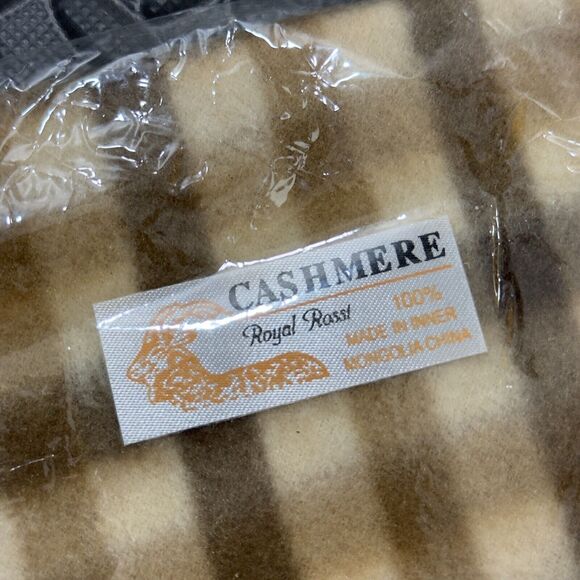 Royal Rossi Neck Warmer Soft Scarf Beige Brown 100% Cashmere Checkered Fringed - Picture 5 of 5